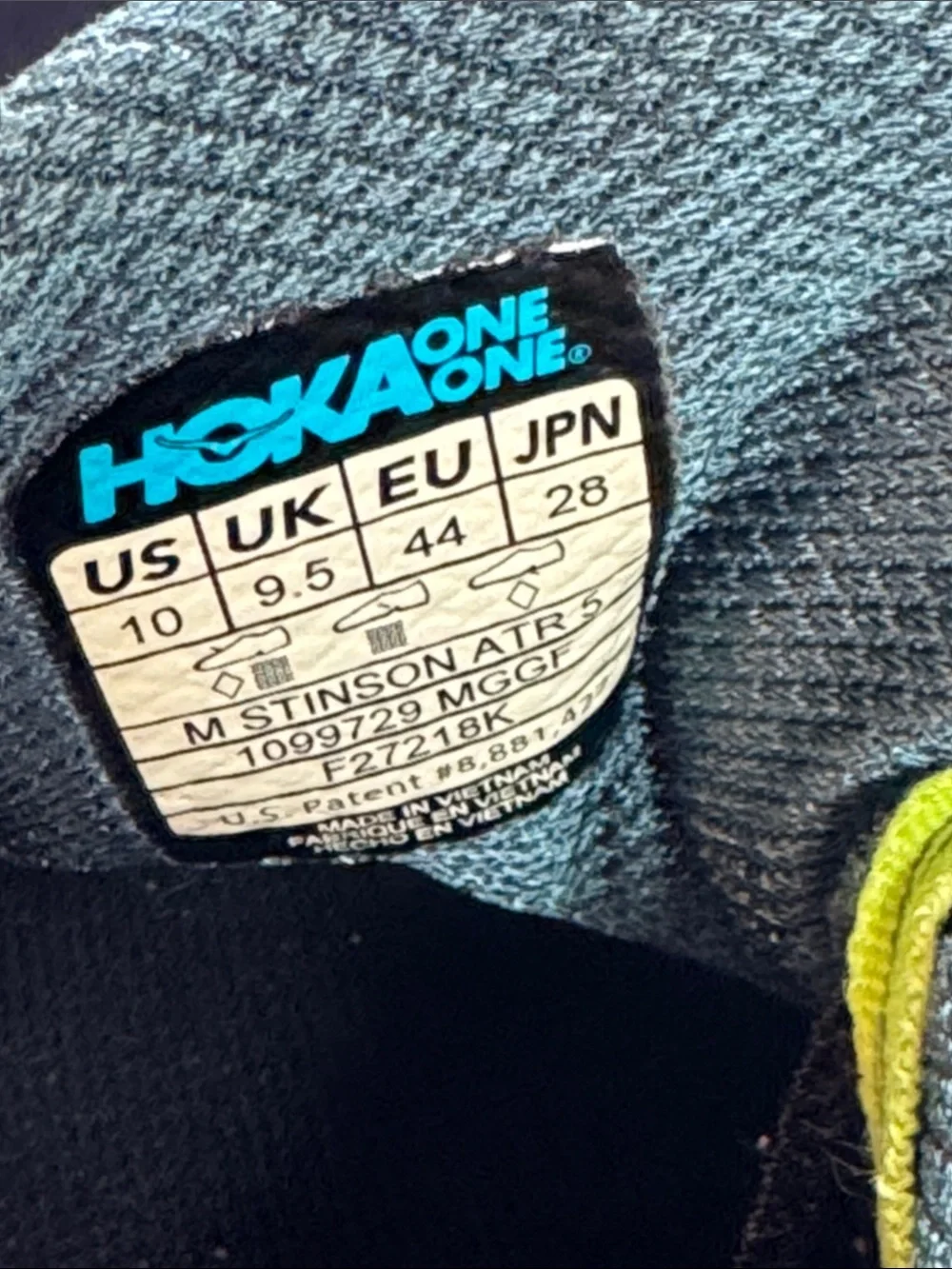 HOKA ONE ONE Stinson ATR5 in Mallard Green/Gold Fusion Size 10